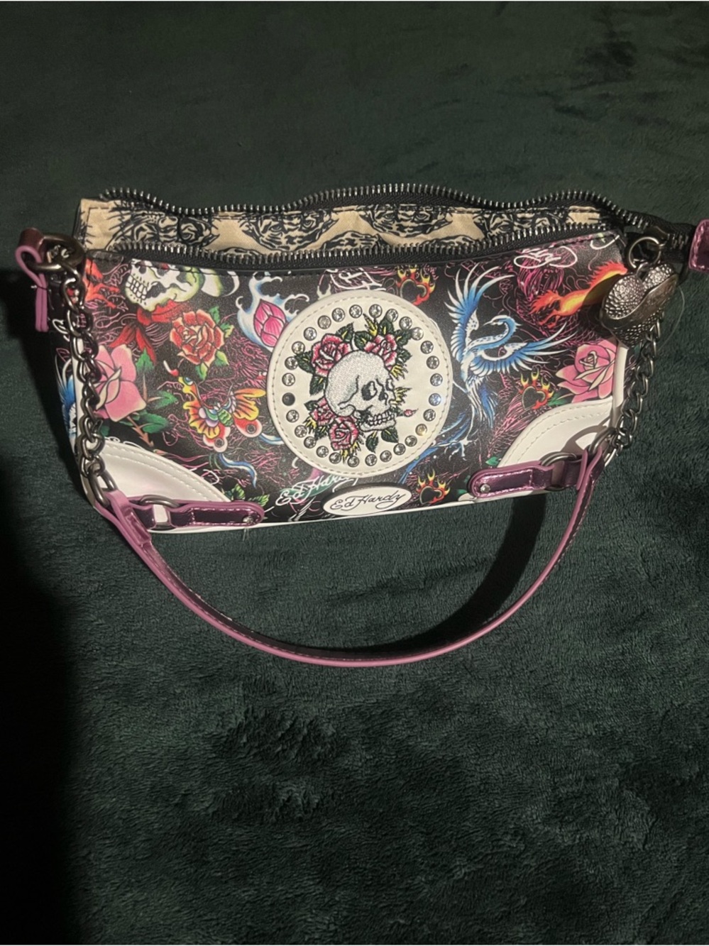 Ed Hardy Black Floral Skull Print Shoulder Bag with Pink Accents